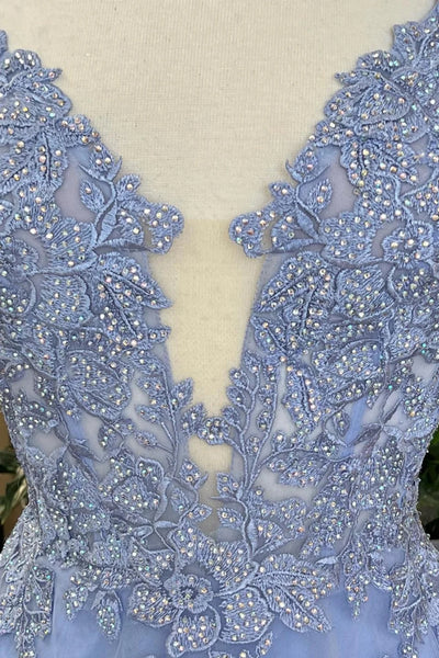 A Line V Neck Blue Lace Long Prom Dress, V Neck Blue Formal Dress, Blue Lace Evening Dress A2123