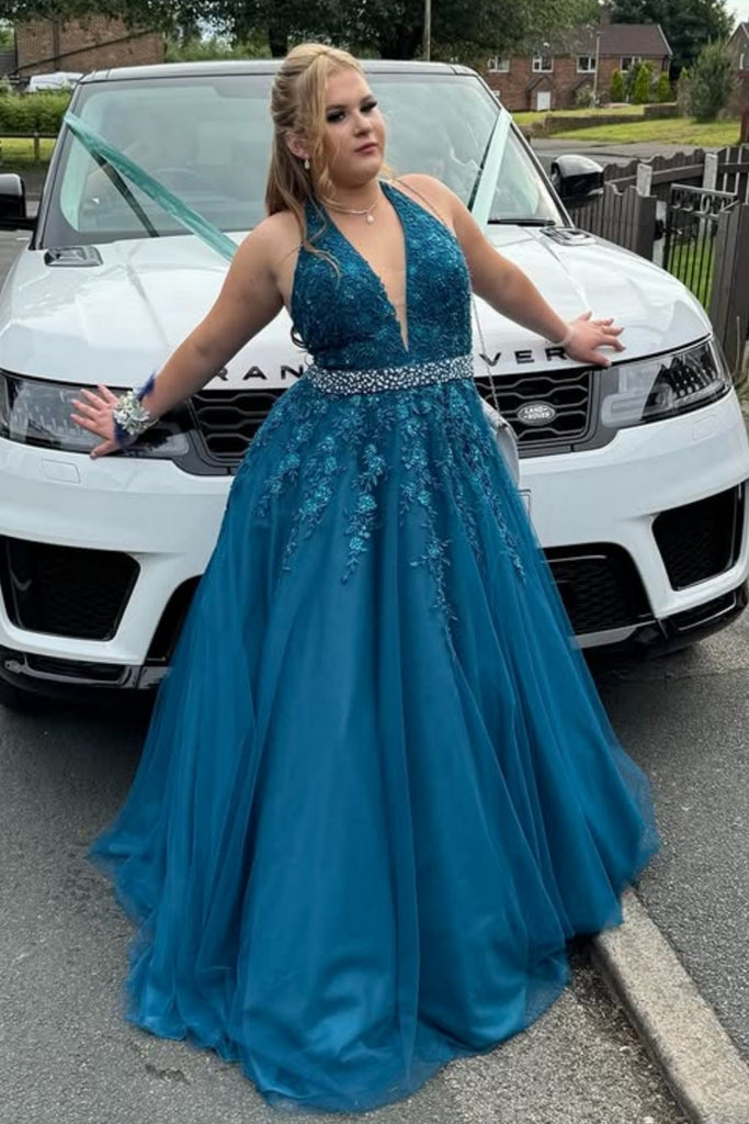 A Line V Neck Blue Lace Long Prom Dress with Belt, Blue Lace Formal Dress, Blue Evening Dress A2298