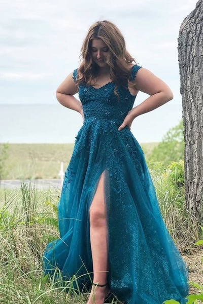 A Line V Neck Blue Lace Long Prom Dress with High Slit, Blue Lace Formal Dress, Blue Evening Dress A2568