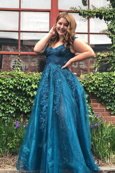 A Line V Neck Blue Lace Long Prom Dress with High Slit, Blue Lace Formal Dress, Blue Evening Dress A2568