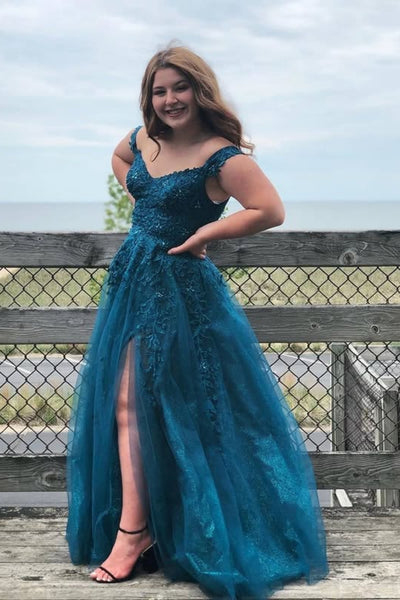 A Line V Neck Blue Lace Long Prom Dress with High Slit, Blue Lace Formal Dress, Blue Evening Dress A2568