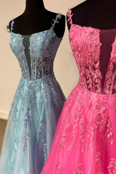 A Line V Neck Blue/Pink/Purple Lace Long Prom Dress, Blue/Pink/Purple Lace Formal Graduation Evening Dress A2128