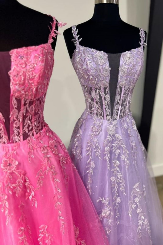 A Line V Neck Blue/Pink/Purple Lace Long Prom Dress, Blue/Pink/Purple