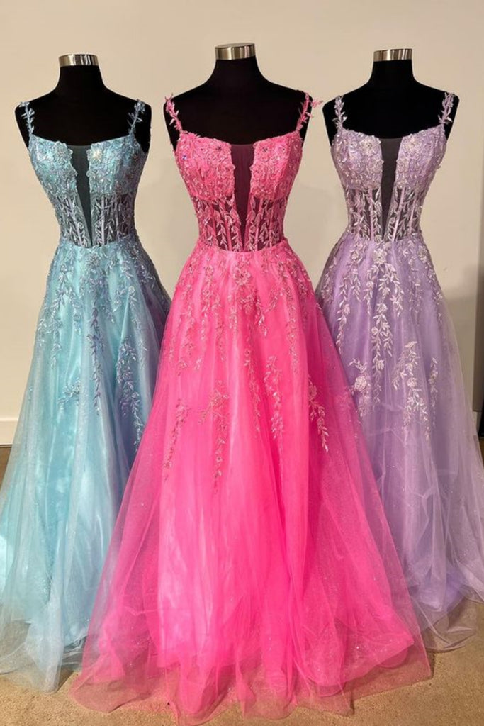 A Line V Neck Blue/Pink/Purple Lace Long Prom Dress, Blue/Pink/Purple