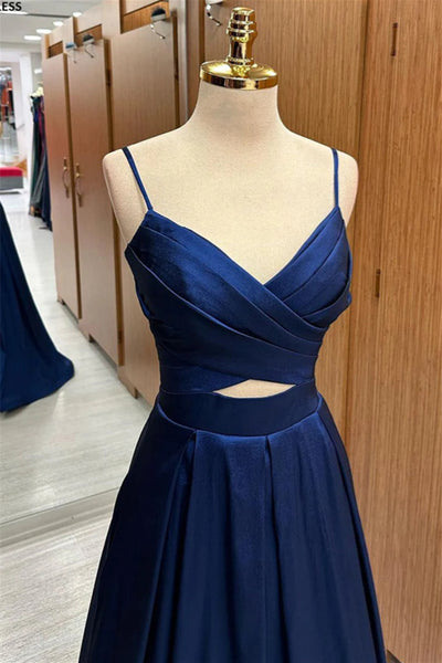 A Line V Neck Blue Satin Long Prom Dress, Long Blue Formal Graduation Evening Dress A1978