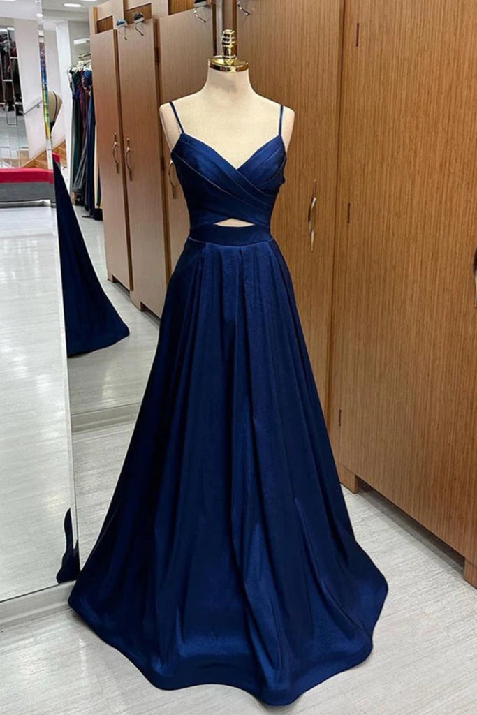 A Line V Neck Blue Satin Long Prom Dress, Long Blue Formal Graduation Evening Dress A1978