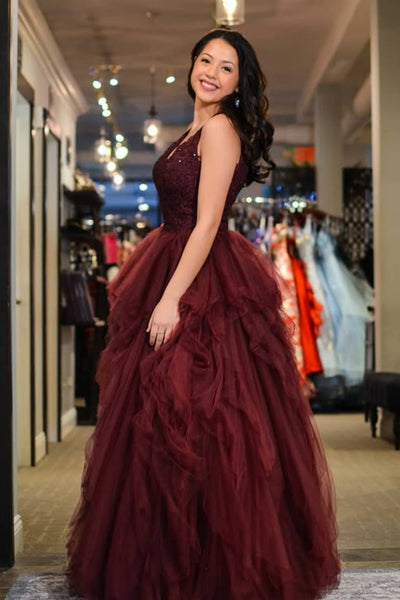 A Line V Neck Burgundy Lace Long Prom Dress, Burgundy Lace Formal Dress, Burgundy Tulle Evening Dress A2561