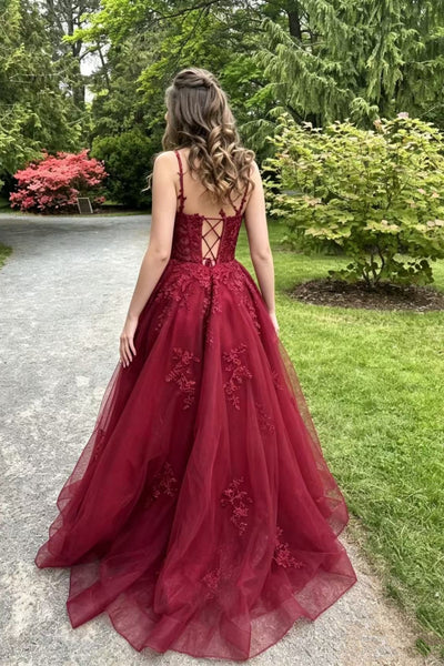 A Line V Neck Burgundy Lace Long Prom Dress, Burgundy Lace Formal Dress, Burgundy Tulle Evening Dress A2627