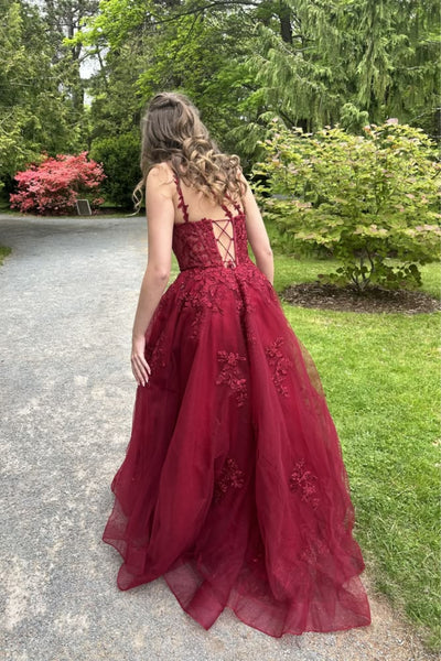 A Line V Neck Burgundy Lace Long Prom Dress, Burgundy Lace Formal Dress, Burgundy Tulle Evening Dress A2627