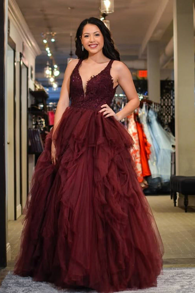 A Line V Neck Burgundy Lace Long Prom Dress, Burgundy Lace Formal Dress, Burgundy Tulle Evening Dress A2561