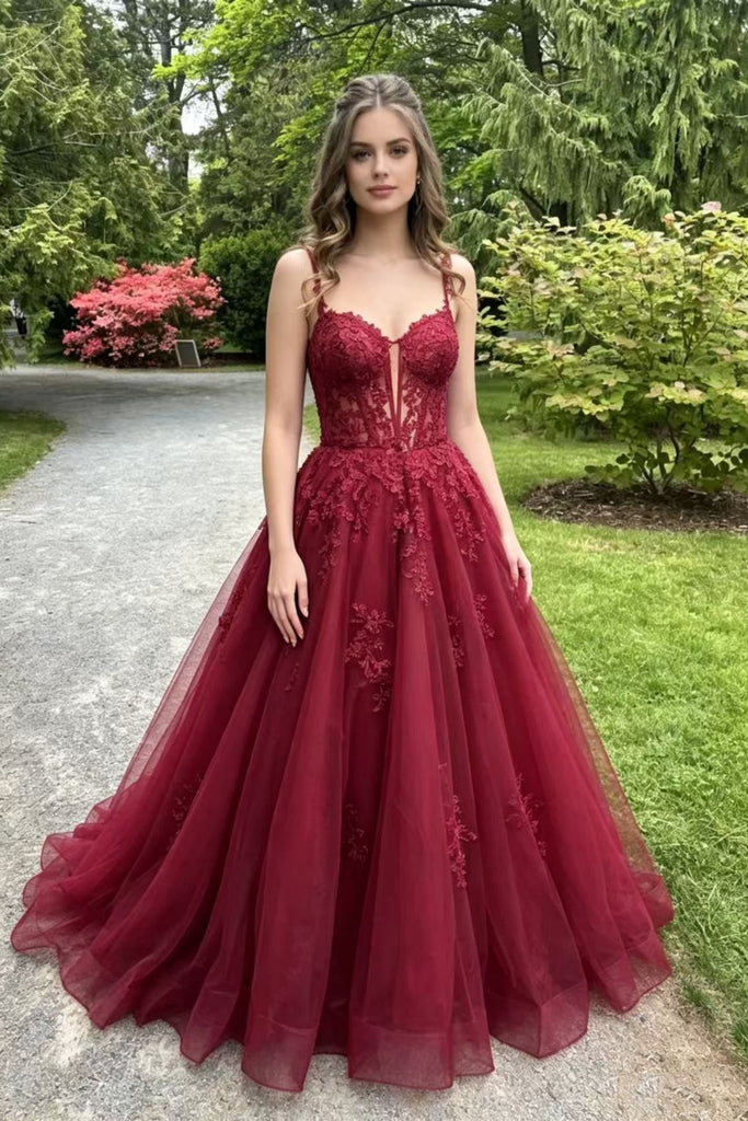 A Line V Neck Burgundy Lace Long Prom Dress, Burgundy Lace Formal Dress, Burgundy Tulle Evening Dress A2627