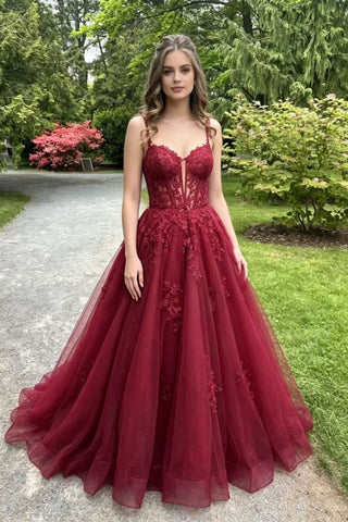 A Line V Neck Burgundy Lace Long Prom Dress, Burgundy Lace Formal Dress, Burgundy Tulle Evening Dress A2627