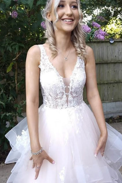 A Line V Neck Champagne Lace Long Prom Dress, Champagne Lace Formal Dress, Champagne Evening Dress A2266