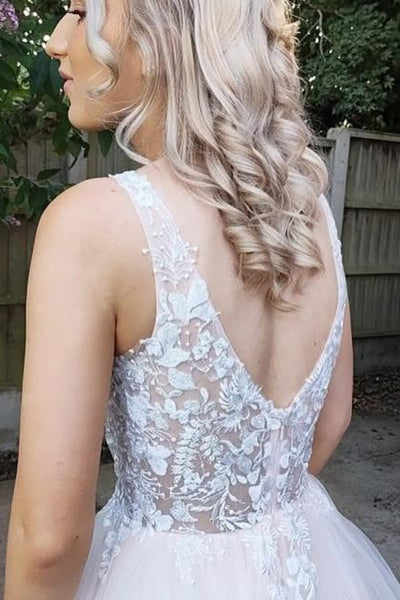 A Line V Neck Champagne Lace Long Prom Dress, Champagne Lace Formal Dress, Champagne Evening Dress A2266