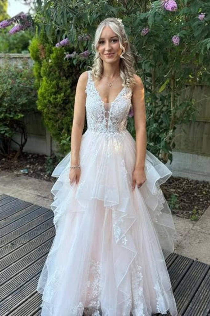 A Line V Neck Champagne Lace Long Prom Dress, Champagne Lace Formal Dress, Champagne Evening Dress A2266