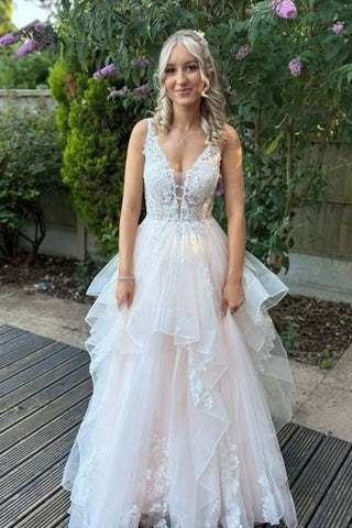 A Line V Neck Champagne Lace Long Prom Dress, Champagne Lace Formal Dress, Champagne Evening Dress A2266