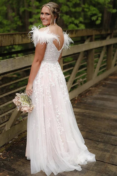 A Line V Neck Champagne Lace Long Prom Dress with Feather, Champagne Lace Formal Graduation Evening Dress A2449