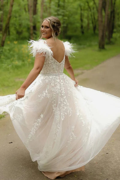 A Line V Neck Champagne Lace Long Prom Dress with Feather, Champagne Lace Formal Graduation Evening Dress A2449