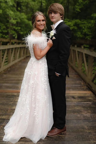 A Line V Neck Champagne Lace Long Prom Dress with Feather, Champagne Lace Formal Graduation Evening Dress A2449