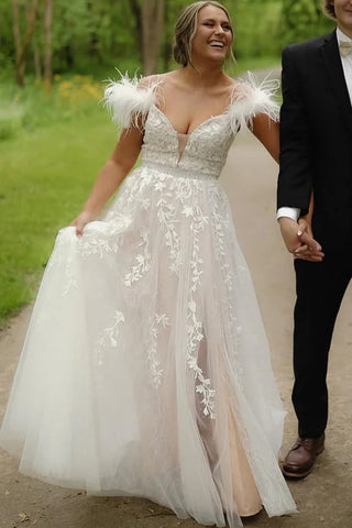 A Line V Neck Champagne Lace Long Prom Dress with Feather, Champagne Lace Formal Graduation Evening Dress A2449