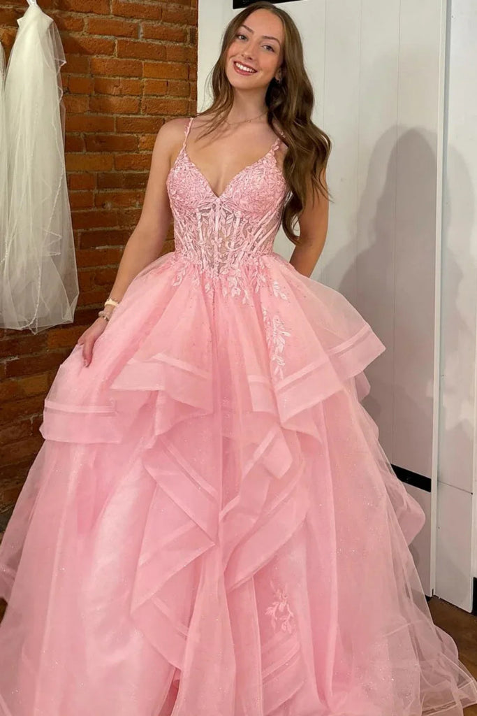 A Line V Neck Fluffy Pink Lace Long Prom Dress, Pink Lace Formal Dress abcprom A Line V Neck Fluffy Pink Lace Long Prom Dress, Pink Lace Formal Dress abcprom