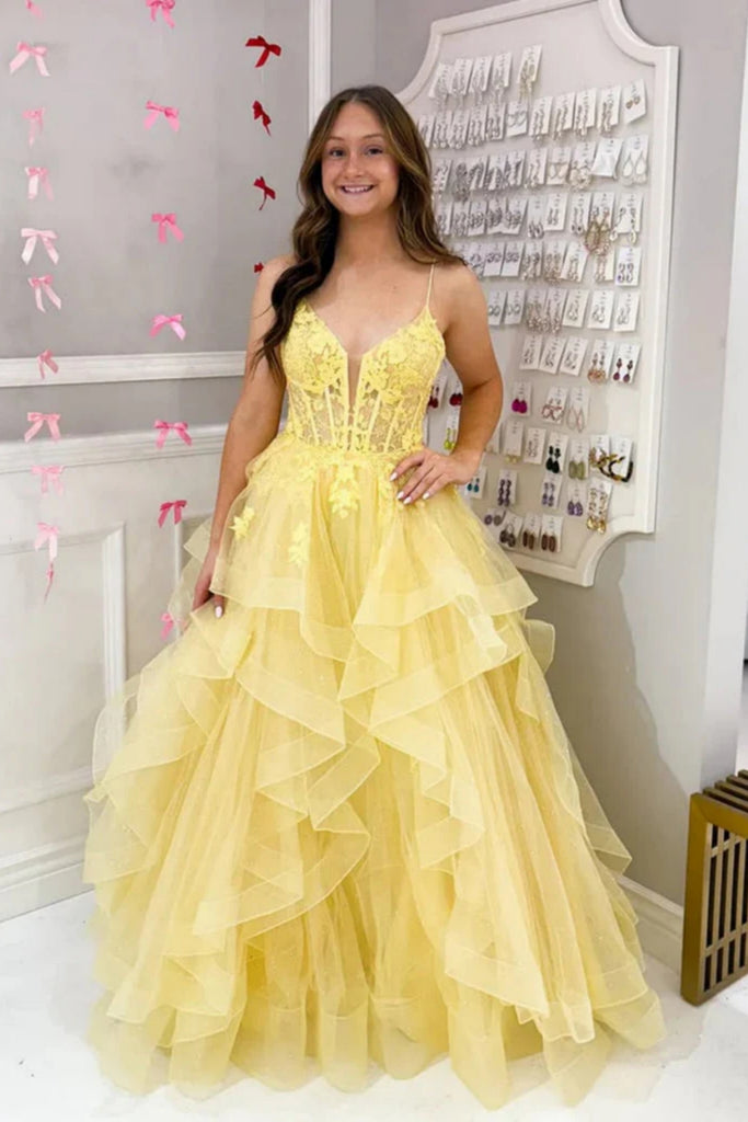 A Line V Neck Fluffy Yellow Lace Long Prom Dress, Yellow Lace Formal D abcprom A Line V Neck Fluffy Yellow Lace Long Prom Dress, Yellow Lace Formal D abcprom