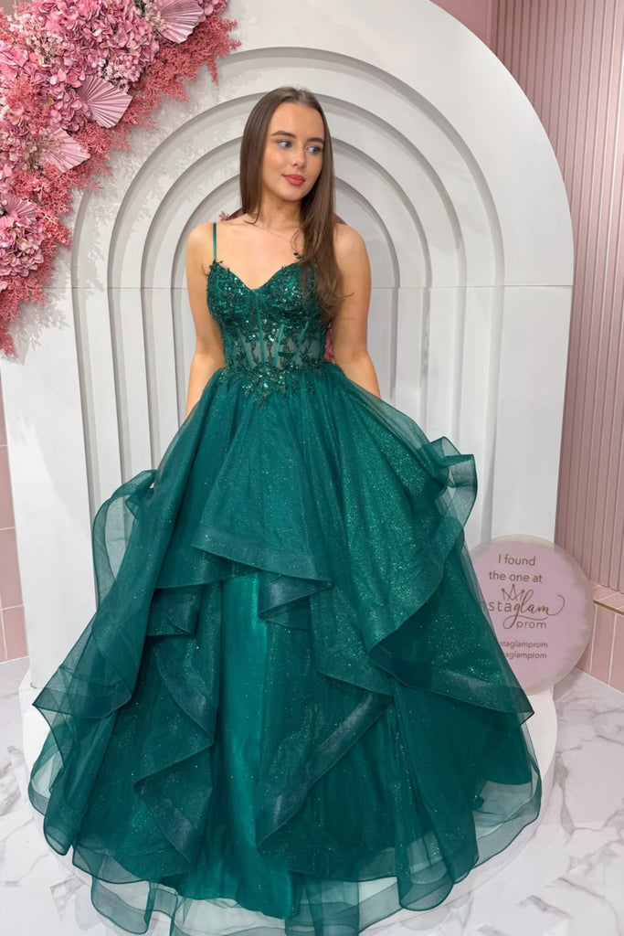A Line V Neck Green Lace Long Prom Dress, Green Lace Formal Dress, Gre – abcprom