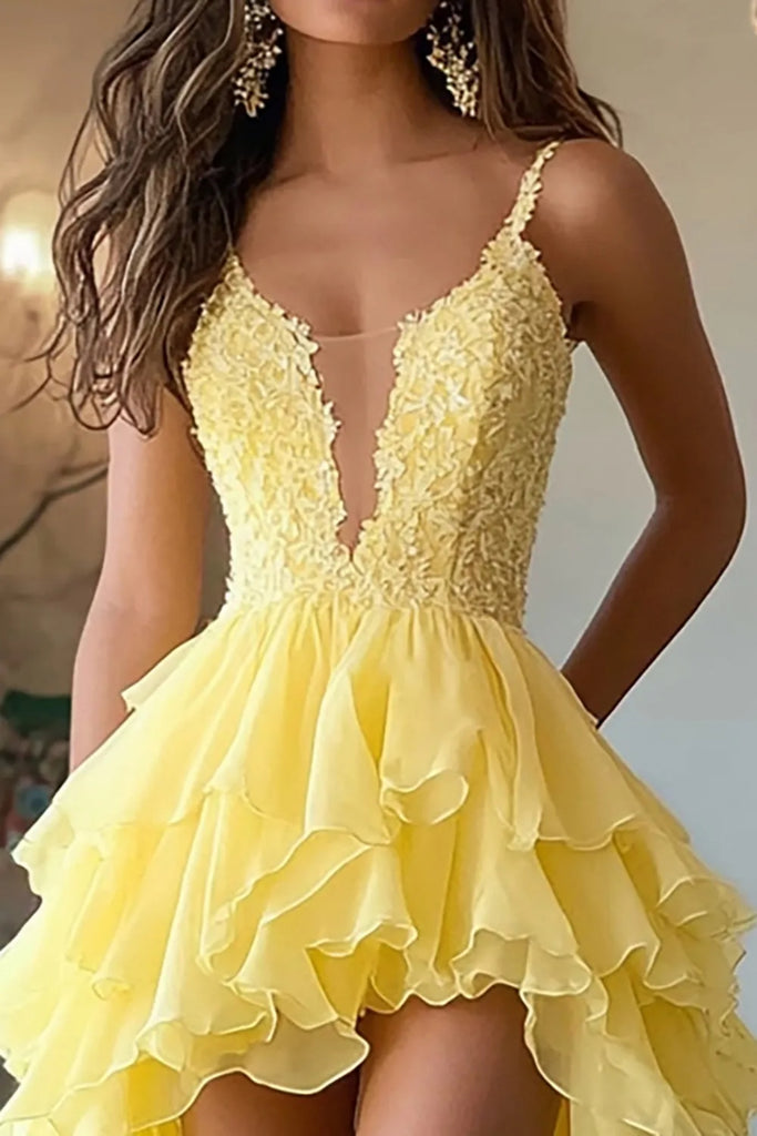 A Line V Neck High Low Yellow Lace Long Prom Dress, Yellow Lace Formal abcprom A Line V Neck High Low Yellow Lace Long Prom Dress, Yellow Lace Formal abcprom