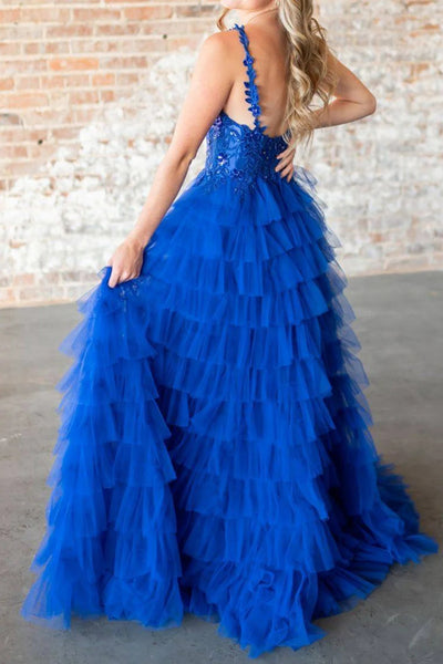 A Line V Neck Hot Pink/Blue Ruffle Lace Long Prom Dress, Hot Pink/Blue Lace Formal Graduation Evening Dress A2087