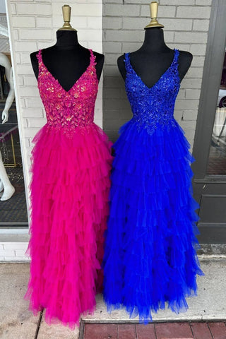 A Line V Neck Hot Pink/Blue Ruffle Lace Long Prom Dress, Hot Pink/Blue Lace Formal Graduation Evening Dress A2087