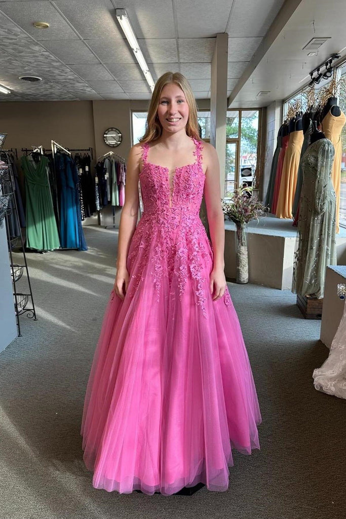 A Line V Neck Hot Pink Lace Long Prom Dress, Hot Pink Lace Floral Form abcprom A Line V Neck Hot Pink Lace Long Prom Dress, Hot Pink Lace Floral Form abcprom