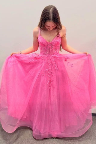 A Line V Neck Hot Pink Lace Long Prom Dress, Hot Pink Lace Formal Graduation Evening Dress A2146
