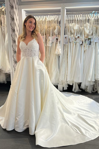 A Line V Neck Ivory Lace Long Prom Dress, Ivory Lace Formal Dress, White Evening Dress with Train A2487