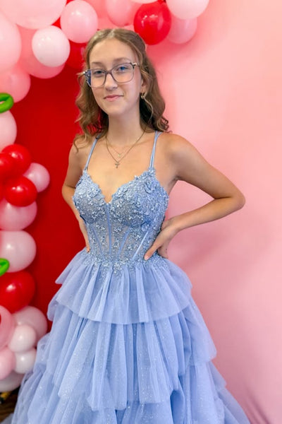 A Line V Neck Layered Blue Lace Long Prom Dress, Blue Lace Formal Dress, Blue Tulle Evening Dress A2322