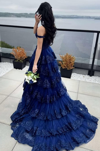A Line V Neck Layered Navy Blue Lace Long Prom Dress with High Slit, Navy Blue Lace Formal Graduation Evening Dress A2337