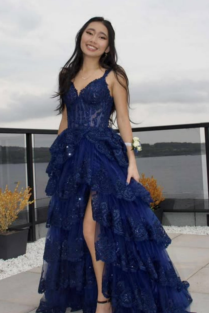 A Line V Neck Layered Navy Blue Lace Long Prom Dress with High Slit, N abcprom A Line V Neck Layered Navy Blue Lace Long Prom Dress with High Slit, N abcprom