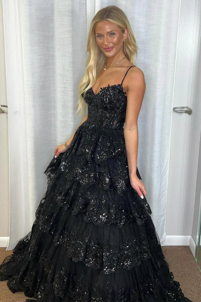 A Line V Neck Layered Pink/Black Lace Long Prom Dress, Pink/Black Lace