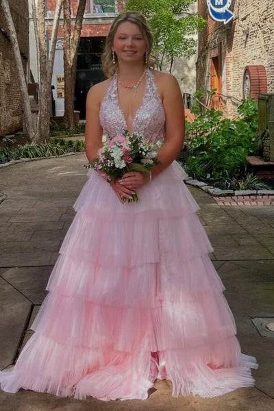 A Line V Neck Layered Pink Lace Long Prom Dress, Pink Lace Formal Dress, Pink Evening Dress A2299