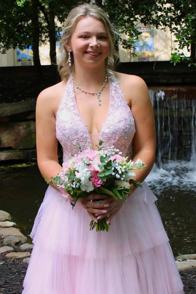 A Line V Neck Layered Pink Lace Long Prom Dress, Pink Lace Formal Dress, Pink Evening Dress A2299