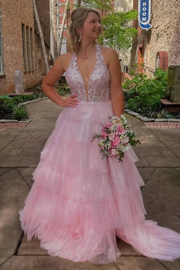 A Line V Neck Layered Pink Lace Long Prom Dress, Pink Lace Formal Dress, Pink Evening Dress A2299