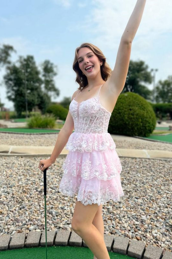 A Line V Neck Layered Pink Lace Prom Dress, Pink Lace Homecoming Dress abcprom A Line V Neck Layered Pink Lace Prom Dress, Pink Lace Homecoming Dress abcprom