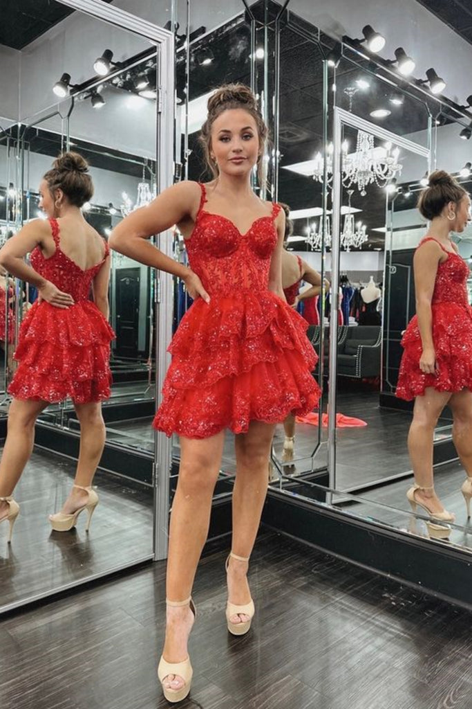A Line V Neck Layered Red Lace Prom Dress, Short Red Lace Homecoming D – abcprom A Line V Neck Layered Red Lace Prom Dress, Short Red Lace Homecoming D – abcprom