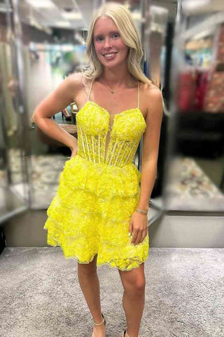A Line V Neck Layered Yellow Lace Short Prom Dress, Yellow Lace Homecoming Dress, Yellow Party Dress A2438