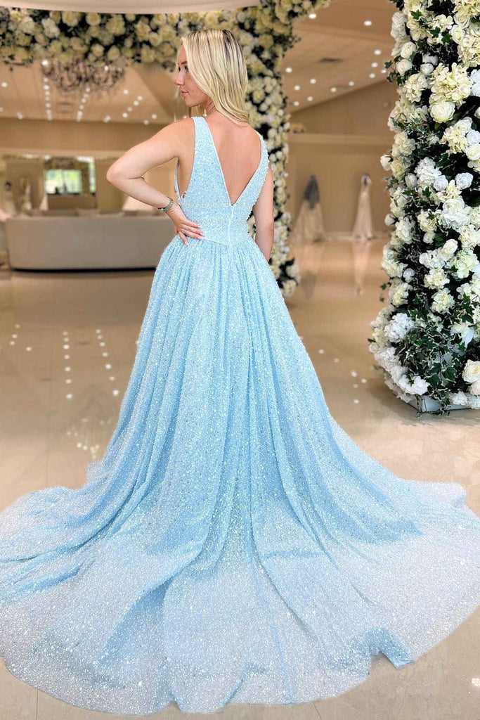 A Line V Neck Light Blue Sequins Long Prom Dress, Long Light Blue Sequ