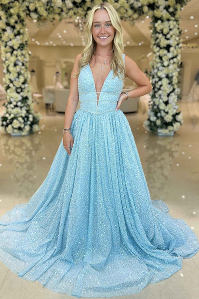 A Line V Neck Light Blue Sequins Long Prom Dress, Long Light Blue Sequins Formal Graduation Evening Dress A2007