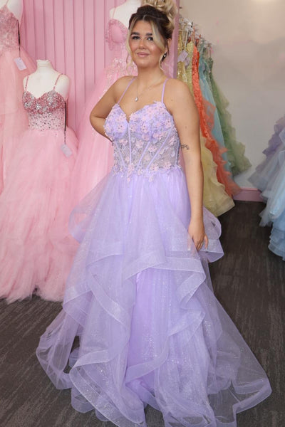 A Line V Neck Lilac Lace Long Prom Dress, Lilac Lace Formal Dress, Lilac Evening Dress A2537