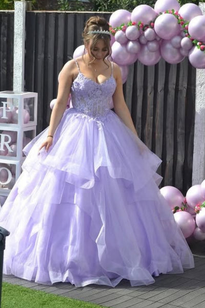A Line V Neck Lilac Lace Long Prom Dress, Lilac Lace Formal Dress, Lilac Tulle Evening Dress A2275