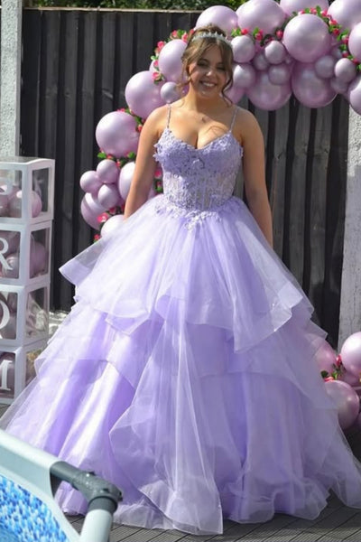 A Line V Neck Lilac Lace Long Prom Dress, Lilac Lace Formal Dress, Lilac Tulle Evening Dress A2275