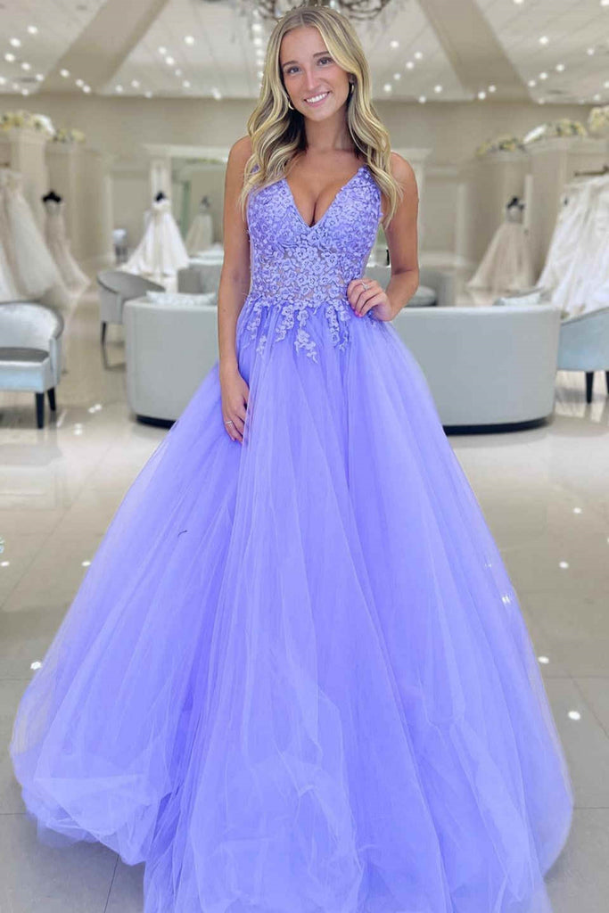 A Line V Neck Lilac Lace Long Prom Dress, V Neck Lilac Formal