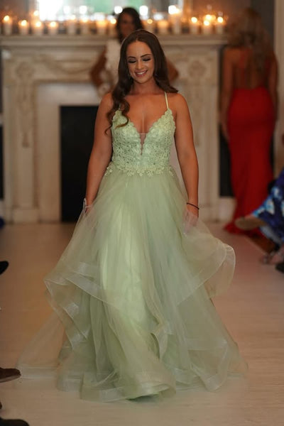 A Line V Neck Mint Green Lace Long Prom Dress, Mint Green Lace Formal Graduation Evening Dress A2286